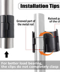 Installation tips for 72 Pcs Wire Shelf Clips for 1 Inch Posts, featuring grooved metal rod and raised clip details for stability.