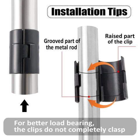 Installation tips for 72 Pcs Wire Shelf Clips for 1 Inch Posts, featuring grooved metal rod and raised clip details for stability.