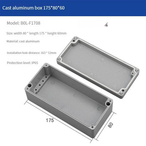 Two-piece cast aluminum IP65 junction box with lid, 175×80×60 mm, grey outdoor electrical enclosure