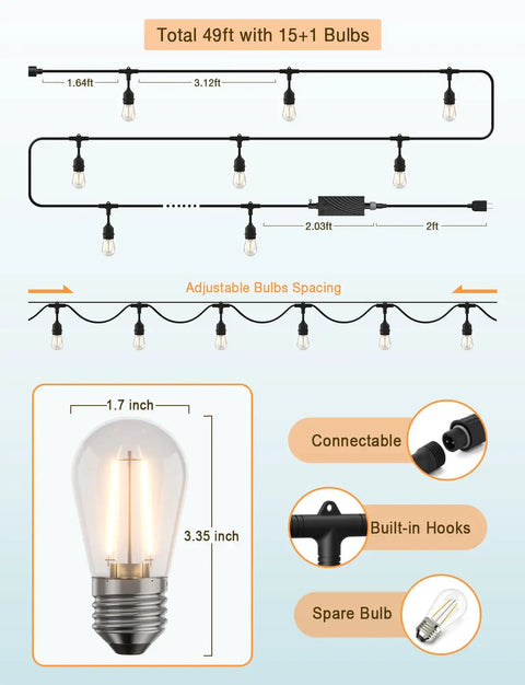 Diagram showing Smart Outdoor String Lights 49Ft For Patio With App WiFi Control Alexa Ready Waterproof Dimmable Edison Style Bulbs
