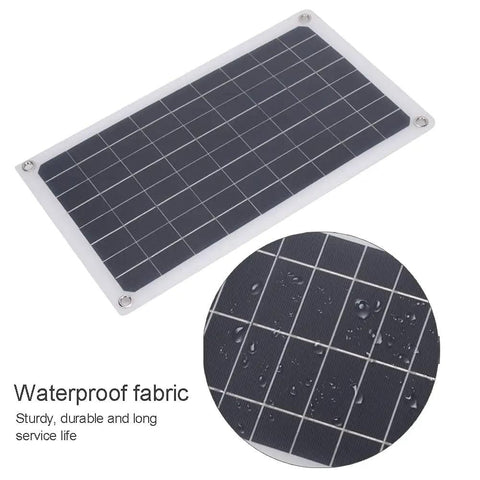 20W Monocrystalline Solar Charger Outdoors With Dual DC Output And USB Goes Off Grid For 12V Batteries Powers Camping And RV Life Weatherproof Silicon Panel High Efficiency Eco Friendly showing waterproof surface.