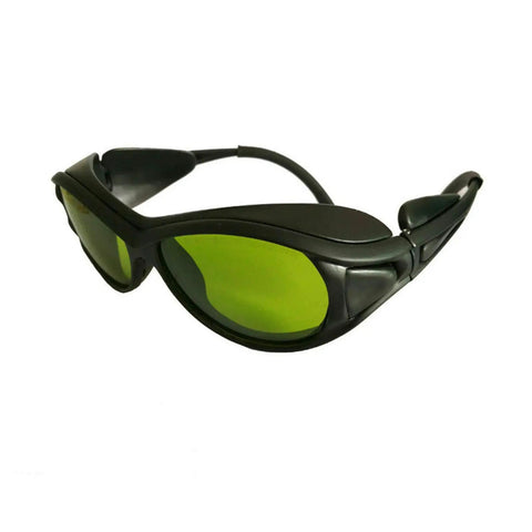 Next Level IPL Laser Protection Glasses And OD5 Plus Safety Goggles With UV400 Shielding, black frame with green lenses.