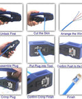 Step-by-step guide using RJ45 Pass Through Crimp Tool 3 In 1 with Replacement Blades for Cat6A Cat6 Cat5E Cat5 installations.