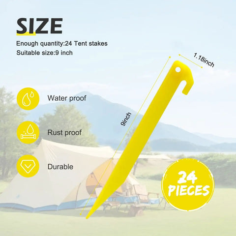 24 Pack 9 Inch Yellow Plastic Tent Pegs Stakes For Camping And Outdoor Use Durable Lightweight PP Stakes with waterproof icons