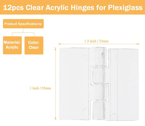 Zero Hassle Clear Acrylic Hinges For Plexiglass And Glass Panels, 12 Pack Adhesive Pro Cabinet Hardware, 25Mm X 33Mm snug hinge dimensions