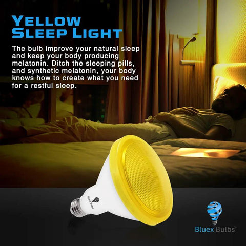 Two Pack Par38 Amber Yellow LED Bug Light Bulbs E26 Flood Light 10W 100W Equivalent Warm Bug Free Lighting For Home Porch Yard Indoor Outdoor Patio Holiday Party Insect Repellent displayed with background of warm lit room.
