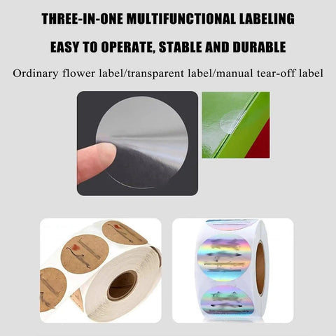 Automatic Corner Labeling Machine For Round Products, 90 Degree Right Angle Placement With Peelable Function showing various label types.