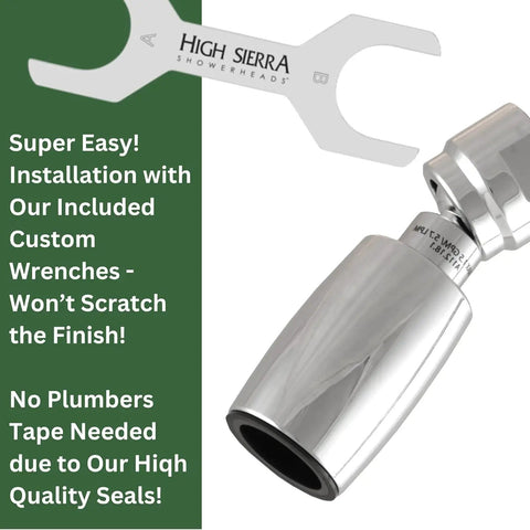 Award Winning Ultra Low Flow Shower Head With Solid Lead-Free Metal 1.5 GPM Nozzle Never Clogs Patented Design Oil Rubbed Bronze Finish Dope Rain Cascade For Quick Rinses And Deep Hair Wash, showing custom wrench for easy installation.