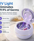 Ultrasonic Retainer Cleaner Machine With 3 Retainer Cleaning Tablets, open with UV light, on a bathroom counter