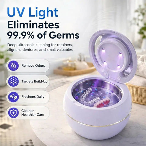 Ultrasonic Retainer Cleaner Machine With 3 Retainer Cleaning Tablets, open with UV light, on a bathroom counter