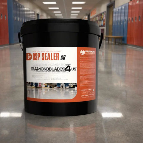 Five Gallon Workhorse Concrete Sealer Penetrating Solvent Formula in black tub displayed in a school hallway.