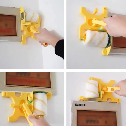 Paint Edger Roller Brush Kit With Handheld Edger And Roller for clean cut edges on walls. Pole mountable tool in use.