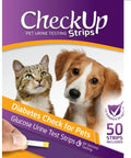 Glucose Urine Test Strips For Cats And Dogs, 50 Count, Easy At Home Pet Health Check, Dip In Urine For Quick Glucose Readings, Track Diabetes Risk And Monitor Your Pet Wellbeing. Product box with cat and dog image, 50 strips included