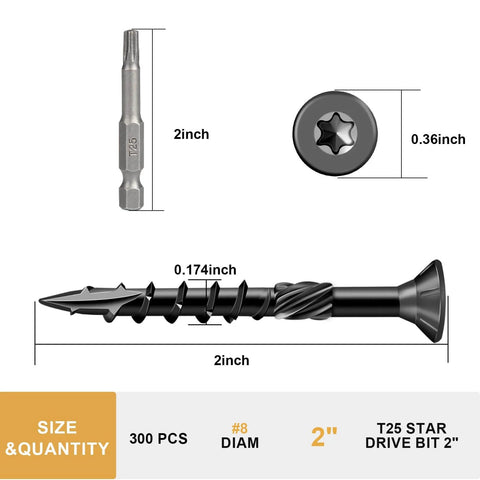 Two Inch Wood Deck Screws Number Eight By Two, 300 Piece Pack, Black Rust Resistant Epoxy Coated Exterior Decking Screws With Torx Star Drive And T25 Bit Included For Outdoor Decks And Pressure Treated Wood Built To Last