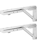 Two stainless steel table folding shelf brackets with auto locking hinge for wall mounting and space saving in RVs or kitchens.