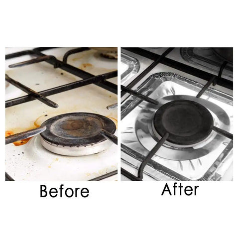 Before and after using Disposable Stove Burner Liners Pack Of 50 Square 8.5 Inch Gas Rangetop Protectors