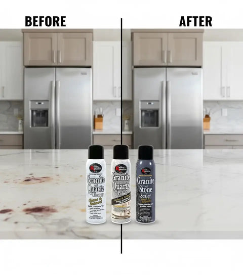 Before and after using Stone Care Kit For Granite And Quartz 3 Piece Maintenance Set With Cleaner Sealer And Polish on kitchen countertop