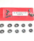 Hard As Nails 12mm Round Carbide Cutter Inserts For Woodworking Lathes And Wood Turning Hollowing Finisher Tools With Mounting Screws Set Of 10 Slick Replacement Bits displayed in a red case with screws.