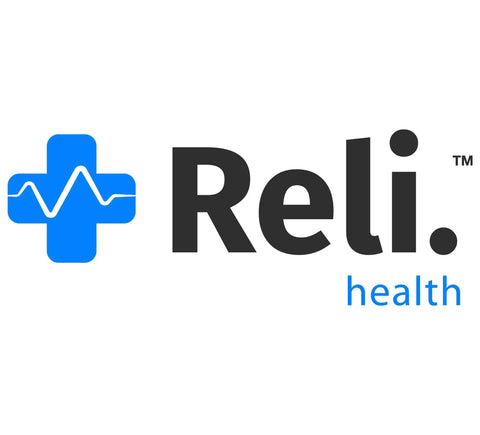 Blue and black Reli health logo with a blue medical cross and heartbeat line design.