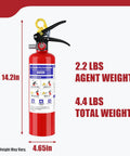 2.5 Lb ABC Dry Chemical Fire Extinguisher With Bracket And Quick Release Handle, showing 14.2in height and 4.65in width.