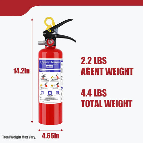 2.5 Lb ABC Dry Chemical Fire Extinguisher With Bracket And Quick Release Handle, showing 14.2in height and 4.65in width.