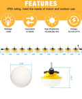 Diagram of Beastly Bright 100Ft LED Construction String Lights 130W 16000 Lumens IP65 Waterproof showing measurements and features
