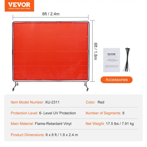 Heavy Duty Welding Curtain With Steel Frame, 6 X 8 Ft Flame Resistant Vinyl Screen On Smooth Rolling Locking Casters, Pro Grade Mobile Spark Shield For Shops And Garages In Bold Red