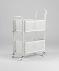 Rock Solid Two Tier Rolling Storage Cart With No Sweat Mobility And Compact Perforated Metal Baskets Ideal For Living Rooms Offices And Daily Grind featuring white perforated baskets.