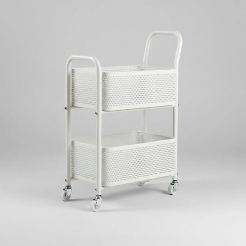 Rock Solid Two Tier Rolling Storage Cart With No Sweat Mobility And Compact Perforated Metal Baskets Ideal For Living Rooms Offices And Daily Grind featuring white perforated baskets.