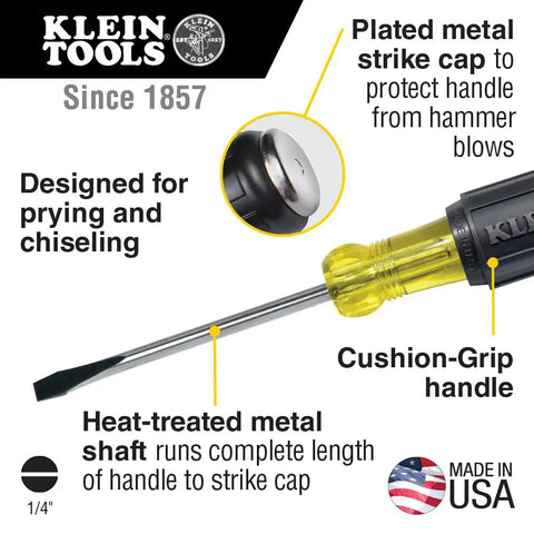 Demolition And Phillips Screwdriver Set With Plated Strike Cap And Heat Treated Blades, Two Piece Pry Ready Tools Built For Heavy Duty Chiseling And Hammer Work, featuring cushion-grip handle and USA made.