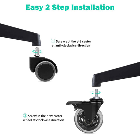 Installation guide for Three Inch Casters With 5/16-18 UNC Threaded Stem showing step-by-step wheel replacement process.