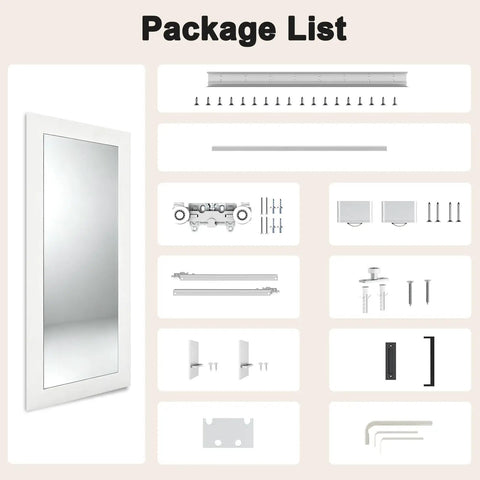 Package list for 36 By 80 Inch Sliding Barn Door Featuring Concealed Hardware And Butter Smooth Soft Close System Plus Full Length Mirror.