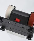 Slick Little Mini Bench Grinder With Dual Grinding Wheels For Razor Sharp Edge Tuning and Heavy Duty Surface Grinding, top view with switch