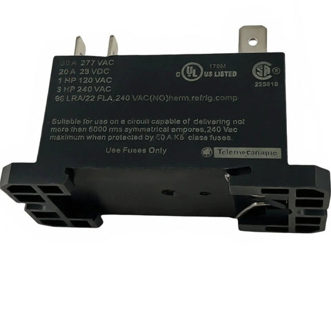 Heavy Duty Power Relay 230V Coil, 30A At 250 Or 277 VAC, DPST NO 2NO With 6 Tab Quick Connect, rear view