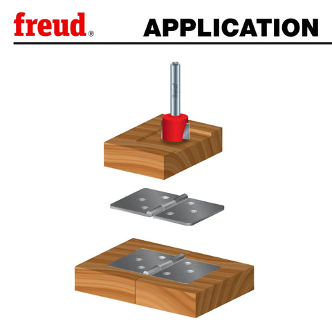 Rock Solid Workhorse Bit With Perma Shield Coating For Crisp Hinge Cutouts And Flawless Woodworking Grooves Smooth Operator Action 2 Inch Length 1/2 Inch Height 3/4 Inch Diameter 1/4 Inch Shank Knockout Results showing hinge cutout application.