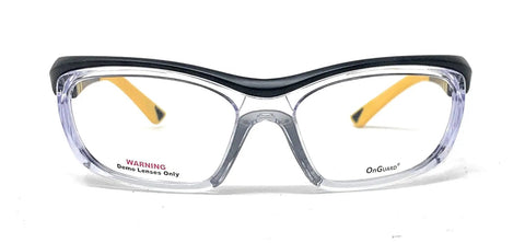 Prescription Compatible Safety Glasses With Bold Black And Yellow Frames, clear lenses, front view, designed for construction safety.
