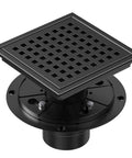 6 Inch Matte Black Square Shower Drain With Removable Flange Quadrato Grid Pattern In 304 Stainless Steel Includes Floor Drain Base