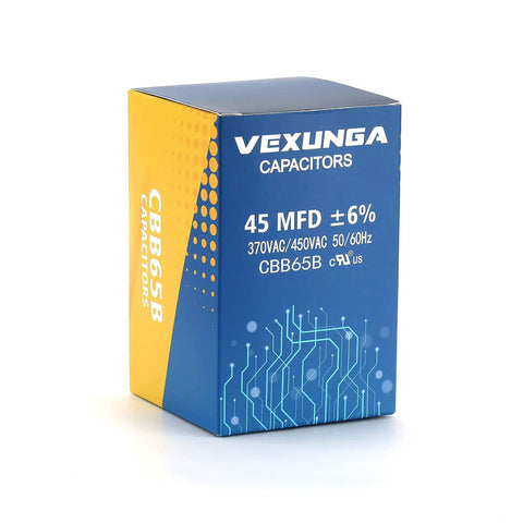Beefy 45 MFD Run Start Capacitor For AC Units Fans And Pool Pumps 370 440 450 VAC CBB65 Round Canister Replacement box