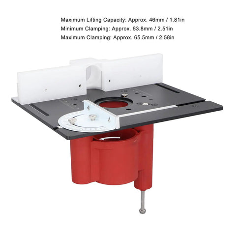 Multifunctional Built Tough Aluminum Router Table Insert Plate With Precision Hand Crank Lift, showing black surface and red lift design.