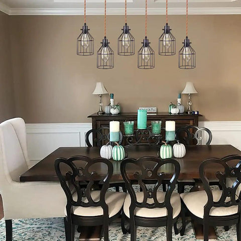 Dining room with six light wood pendant light for kitchen island with industrial black metal cage shades farmhouse linear flush mount chandelier.