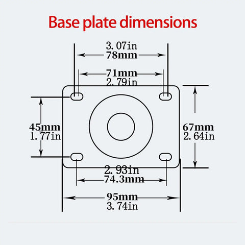 Base plate dimensions for Heavy-Duty 3-Inch Swivel Caster Wheels For Furniture & Industrial Use.