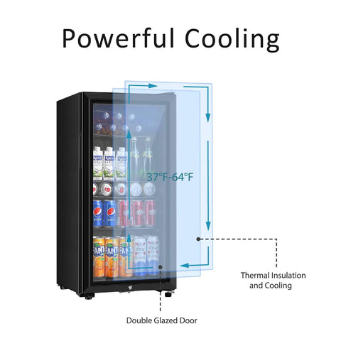 Front view of Small But Mighty Beverage Refrigerator With Double Glass Door, 3.2 Cu Ft Mini Fridge For Soda Beer Or Wine, 105 Can Capacity.