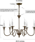 Six Light Farmhouse Chandelier In Oil Rubbed Brown And White Finish, 26.5in wide, 19.5in high, with candle-style stems and measurements.