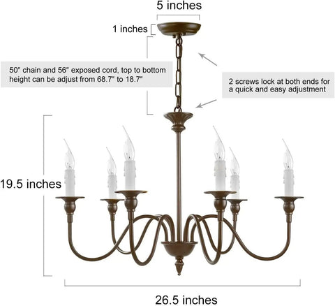 Six Light Farmhouse Chandelier In Oil Rubbed Brown And White Finish, 26.5in wide, 19.5in high, with candle-style stems and measurements.