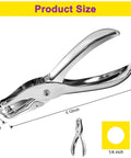 Handheld One Quarter Inch Single Hole Paper Punch With Built In Mess Free Waste Tray Eight Sheet Capacity shown in side view with dimensions