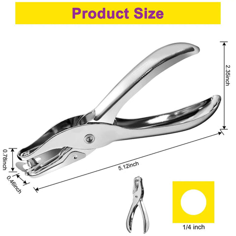 Handheld One Quarter Inch Single Hole Paper Punch With Built In Mess Free Waste Tray Eight Sheet Capacity shown in side view with dimensions