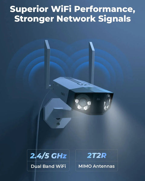 Dual Lens 2K 4MP Outdoor WiFi Security Camera with 150 Degree Ultra Wide View showing dual-band WiFi and MIMO antennas.