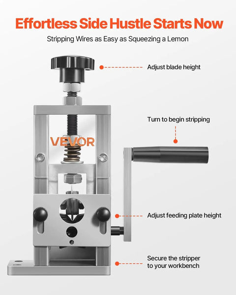 Manual Wire Stripper For Scrap Copper, Portable Hand Crank Or Drill Powered, aluminum frame with adjustments and crank handle visible.