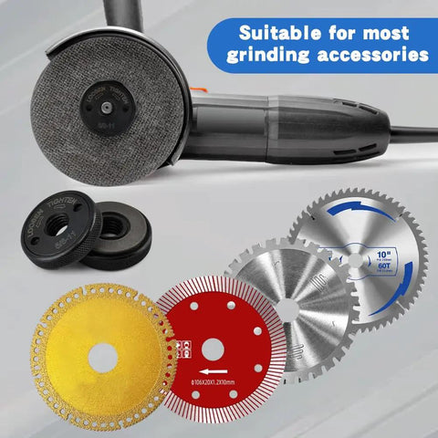 5/8-11 Thread Angle Grinder Flange Nuts, 2 Pack Self-Locking Flange Nut for 4.5 and 5 Inch Grinders displayed with discs