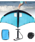 Inflatable Wing Foil for Water Sports with pump, backpack, and leash, shown on beach; Durable Waterproof Sail.